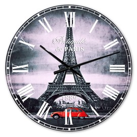 DesignQ 'Eiffel and Old Red Car' French Country Wall Clock for Home Bedroom Bathroom Office Living Room Decoration