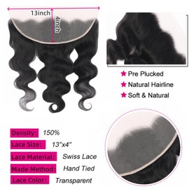 13 x 4 Lace Frontal Closure Body Wave Ear to Ear HD Lace Frontal Pre Plucked 100% Remy Human Hair Frontal Closures Free Part 150% Density (13x4 lace closure, 18inch)