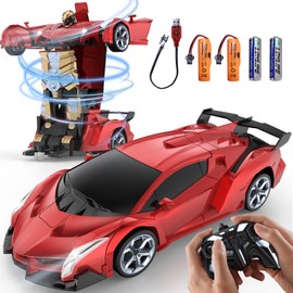 KKM Remote Control Car Toy, 2.4Ghz Transform Robot RC Cars with Flashing Light, 1:18 Scale One Button Deformation Toy Gift Car & 360° Rotating Drifting RC Toy Car for Age 6-12 Years Boy Kids-Red