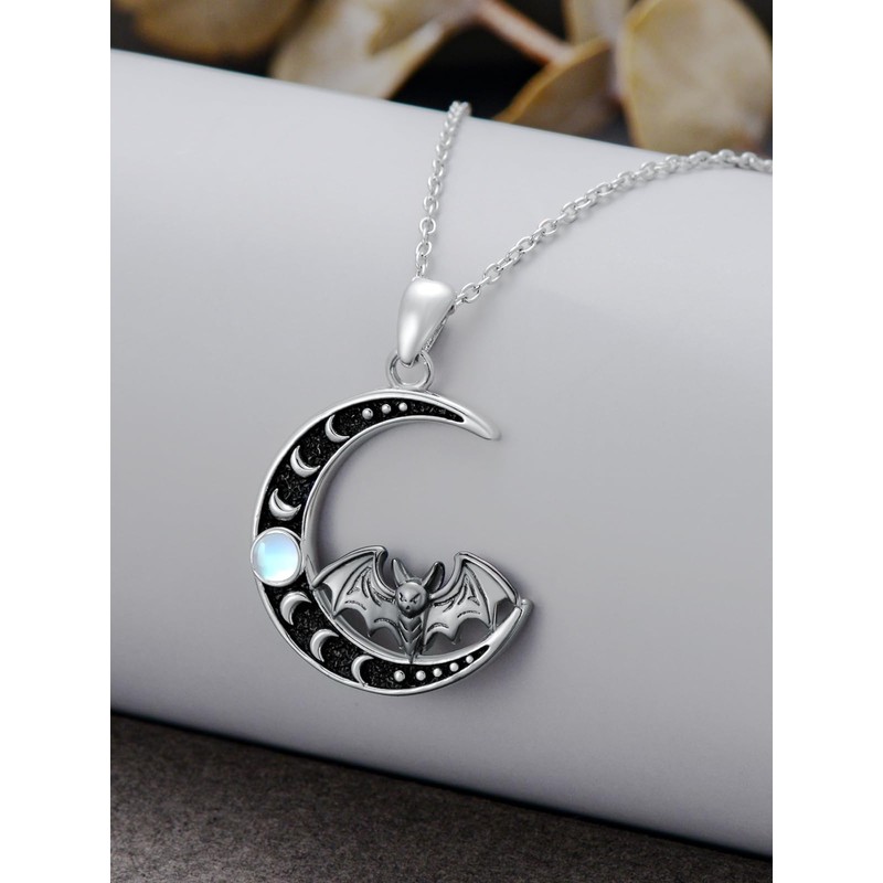 Qyvit Moon Bat Necklace 925 Sterling Silver Gothic Pendant Vampire