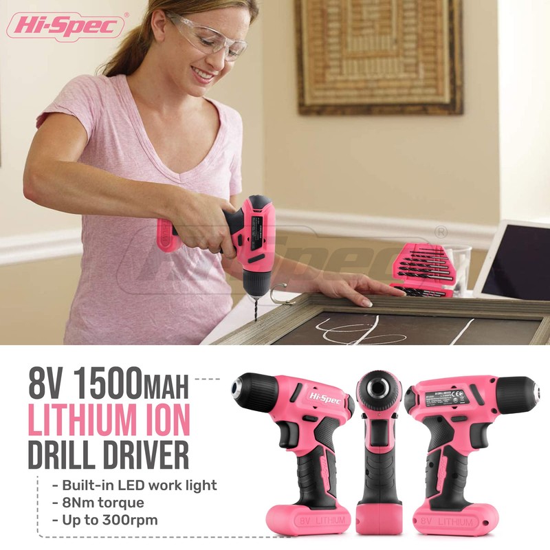 Hi-Spec 58pc Pink 8V USB Electric Power Cordless Drill Driver