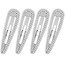 HINZIC 4Pcs 3 Inch Rhinestone Hair Clips, Sparkly Snap Hair Barrettes, Metal No Slip Silver Hair Pins Valentines Wedding Party Prom Birthday Accessories for Women Girls Bridal