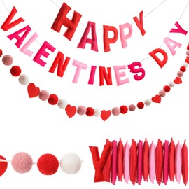 Daifunli 3 Pcs Pre-Strung Happy Valentines Day Banner Felt Ball Garland - Red Felt Heart Shaped Garland Farmhouse Wool Felt Hearts Garland Banner for Fireplace Mantel Walls Party Decor