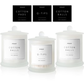 Ronasip Farmhouse Apothecary Jars with Lids - 16 Oz Glass Qtip Dispensers and Cotton Ball Holders for Bathroom Storage Jars (Frosted White)