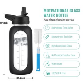 CIVAGO 32 oz Glass Water Bottle with Straw and Handle, Large Sports Motivational Water Bottle Flask with Time Marker and 2 Lids, Leakproof Water Jug Canteen with Silicone Sleeve for Gym,Black | CIVAGO