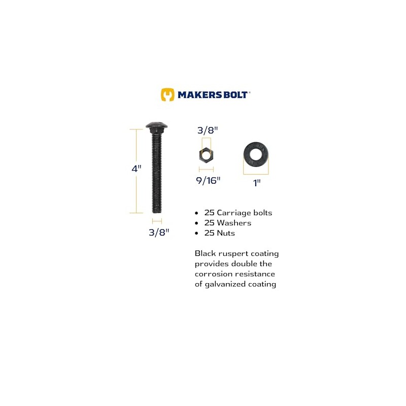 3/8" x 4" (25 Pack) Black Carriage Bolt Kit, Grade