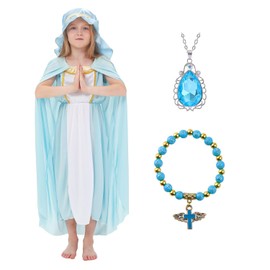 Aroacle Girls Virgin Mary Costume Saint Mary Biblical Outfit Religious Nativity Dress for Kids with Cape and Headpiece (9-10Y)