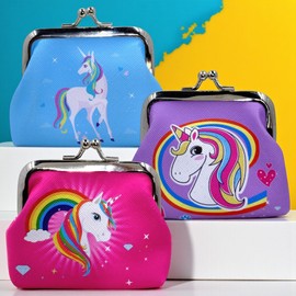MIJOMA Set of 3 Unicorn Wallet for Children, Approx. 9 x 8 cm, Change Purse with Kiss Lock Closure, Assorted in Pink, Blue & Purple, Unicorn Motif, Made of Plastic