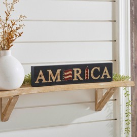 VHC Brands Patriotic AMERICA Flag and Firecracker MDF Block Sign 3x14x1, Independence Day Decor, Decorative Sign, Rustic Farmhouse Fourth of July Decorations, Patriot Blue, Dark Creme, Burgundy