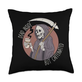 Smarty Pants Designs Dead Inside But Caffeinated Skeleton, Reaper Coffee Lover Throw Pillow, 18x18, Multicolor