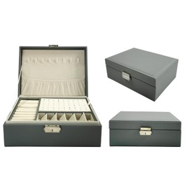 2 Layers PU Leather Jewelry Box Jewelry Organizer Box for Girls Gift Earring Organizer with Lock Jewelry Case Removable Tray for Necklace Earring Ring with Polishing Cloth and Jewelry Bags (Gray)