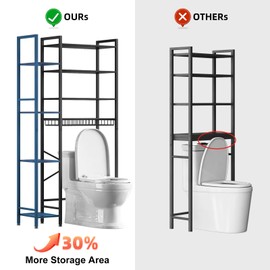 Kalrin 8-Tier Over The Toilet Storage with Side Rack, Over Toilet Storage Rack with Adjustable Shelf & Drain Basket, Freestanding Bathroom Organizer for Balcony, Laundry (Pure Black)