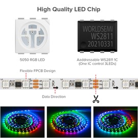 SEZO WS2811 RGB IC LED Strip 5 m 60 LEDs/M DC12 V 100 Pixels Addressable Light Strip Width 10 mm Dimmable Dream Colour Light Strip IP30 Non-Waterproof FCB White for Interior Decoration DIY Projects