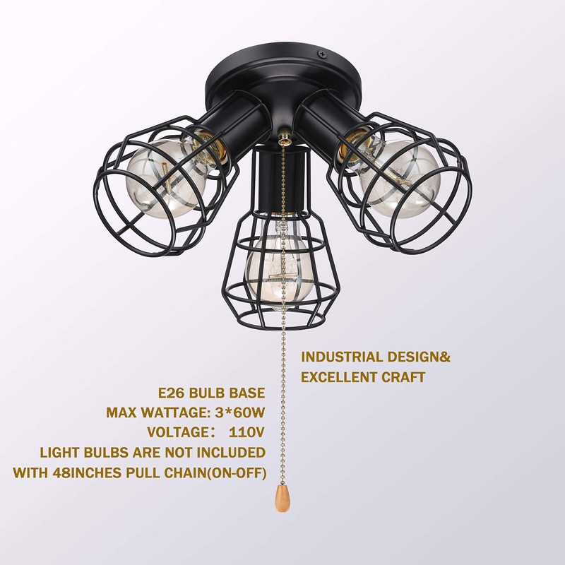 Farmhouse Close to Ceiling Light with Pull Chain, 3 Lights