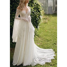 Women's Wedding Dresses Boho for Bride with Long Sleeves Plus Size Lace Beach Bridal Gowns Bohemian Wedding Gowns Ivory US4