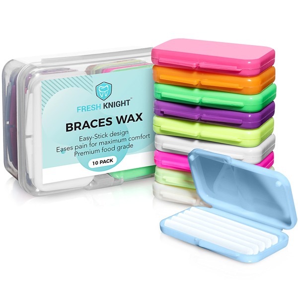 Braces Wax,10 Pack. Dental Wax for Braces & Aligners, Unscented & Flavorless - 50 Premium Orthodontic Wax Strips. Color Cases. Includes storage case. Food Grade ortho brace wax. Fresh Knight. (Colors)