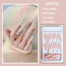 AKOFIC 24Pcs False Nails Long, Coffin Acrylic French Press on Nails Designs, Ballerina Diamond Stick on Nails, Fake Nails with Jelly Glue for Women Nail Art Manicure Decoration
