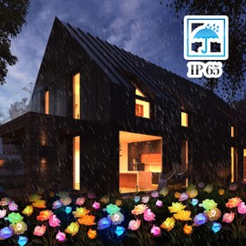 2 Pack Color-Changing Solar Rose Lights Flower Stake with 10 Roses, for Outdoor Garden Cemetery Patio Yard Pathway Decoration, Red