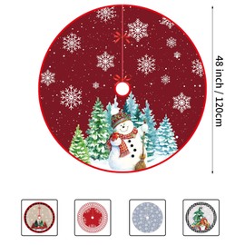 Christmas Tree Skirt, 48 Inch Large Dark Red Snowman & White Snowflakes Tree Skirt Cover, Polyester Xmas Tree Mat for Christmas Party Winter Holiday New Year Decoration Indoor Outdoor