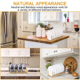 Bamboo Wood Dish Rack, 3 Pack Plate Rack Stand Pot Lid Holder, Bowl Cup Book Pot Lid Cutting Board Drying Rack Stand Drainer Storage Organizer Kitchen Cabinet