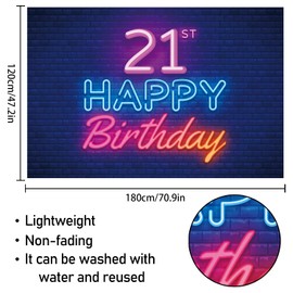 Glow Neon Happy 21st Birthday Backdrop Banner Decor Black – Colorful Glowing 21 Years Old Birthday Party Theme Decorations for Men Women Supplies