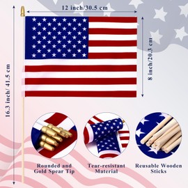 Preboun 400 PCS American Flag Bulk, 8 x 12 Inches Small US on Stick Flags Bulk Mini Spearhead Handheld American Flags on Sticks for Party Events 4th of July Memorial Independence Day Decorations