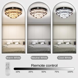 13.7" Dimmable Crystal Chandeliers 3-Tiers Flush Mount Ceiling Lamp Modern Round Ceiling Light Fixture with Remote Controller for Bedroom Dining Room