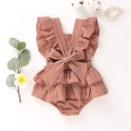 Douhoow Newborn Baby Girls Ruffle Romper Jumpsuit Bodysuit Baby Girl Summer Clothes Outifits (Khaki, 3-6 Months)