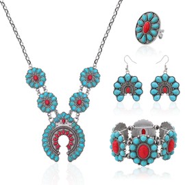 JMScape 4 PCS Western Turquoise Jewelry for Women Boho Vintage Navajo Pearl Necklace Earring Bracelet Ring Set Country Cowgirl Accessories for Gift (M-Blue)
