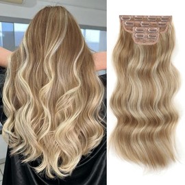 [NEW IN] Vigorous Clip in Hair Extensions Long Wavy Synthetic Hairpieces for Women and Girls, Easy to Install for Daily Use and Event Party Use:_F24/88 Blonde mix Bleach Blonde (20inch)