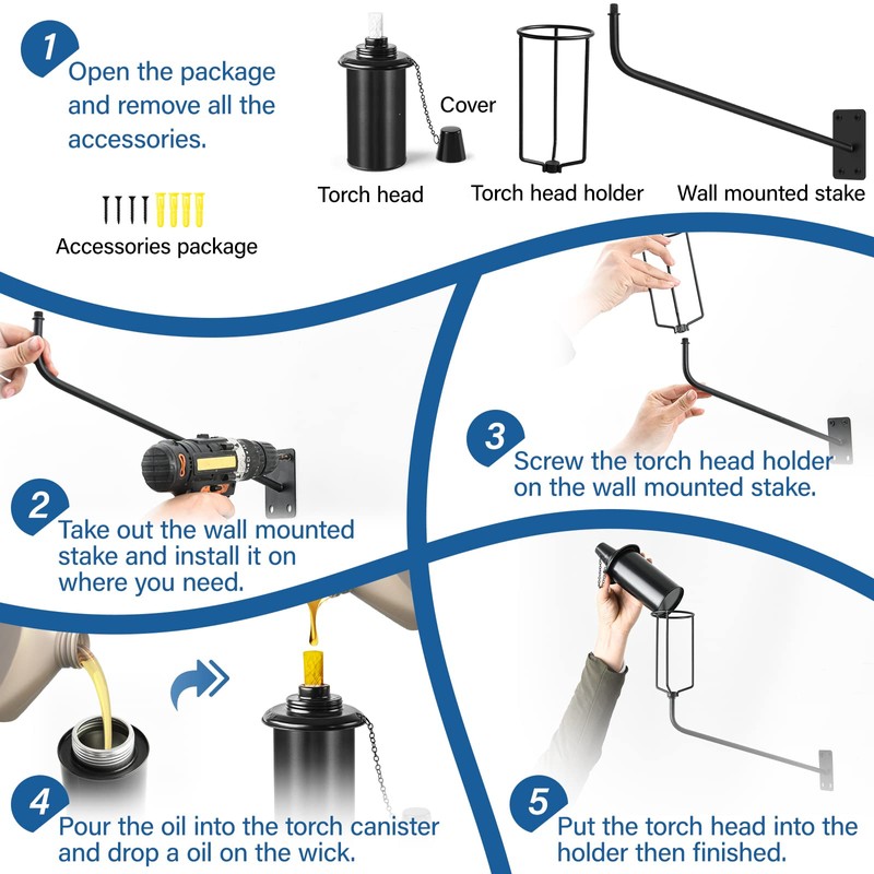 FAN-Torches Wall Mounted Citronella Torches Set of 6, 16 oz