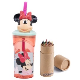 OM SUPPLIES Minnie 3D Figurine Cartoon Characters Reusable Tumbler Childrens Drinking Cup Straw 23 x 7.5 x 7.5cm Includes Half Size 12pcs Pencil Set (Minnie)