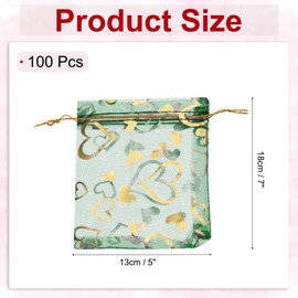 sourcing map Organza Bag 5" x 7", Sheer Heart Mesh Bags Drawstring Gift Bags Bulk Party Favor Bag Jewelry Pouches for Wedding Candy Valentines (Grass Green-Gold, Pack of 100)