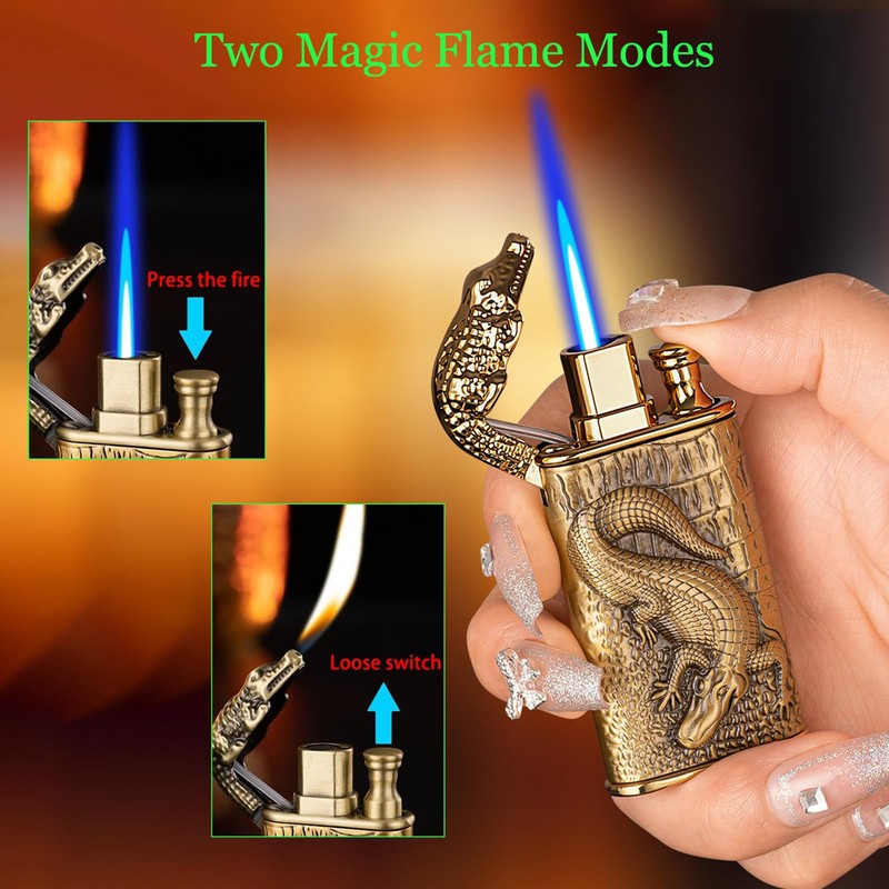 Torch Lighter,Relief Crocodile Magic Dual Flame Lighter with Adjusting Flame