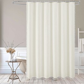 MitoVilla White Boho Extra Long Shower Curtain 72 x 84, Modern Farmhouse 84 inch XL Rustic Polyester Linen Tassel Heavy Duty Shower Curtain Set with Hooks for Cottagecore Country Bathroom Decor Ivory
