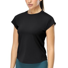icyzone Women's Crewneck Workout T Shirts Quick Dry Athletic Cap Sleeve Fitness Gym Running Yoga Tee Tops (Black, L)