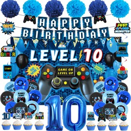 Vlipoeasn 10th Birthday Party Decorations for Boys, 48PCS Blue Level 10 Banner Backdrop Hanging Swirls for 10th Birthday Party, Gamer 10 Years Old Party Supplies, Video Game 10th Birthday Party Decor
