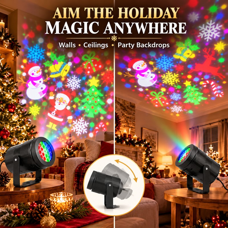 Christmas Projector Light for Walls & Ceilings, 16-Pattern USB Rotating