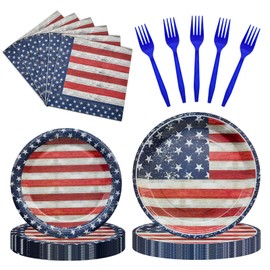 96 Pieces Patriotic Tableware Set Party Supplies - American Flag Pattern Disposable Dinnerware with Paper Plates, Napkins, Forks for Fourth of July, Memorial Day, Veterans Day BBQ Picnic Favors