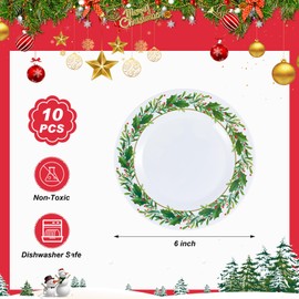 Layhit 10 Pcs Christmas Dinner Plates Melamine Christmas Dishes Holly Plates Christmas Dinnerware Holiday Party Dinner Plates for Home Picnic Kitchen Christmas Party Event Picnic Supplies (6 Inch)
