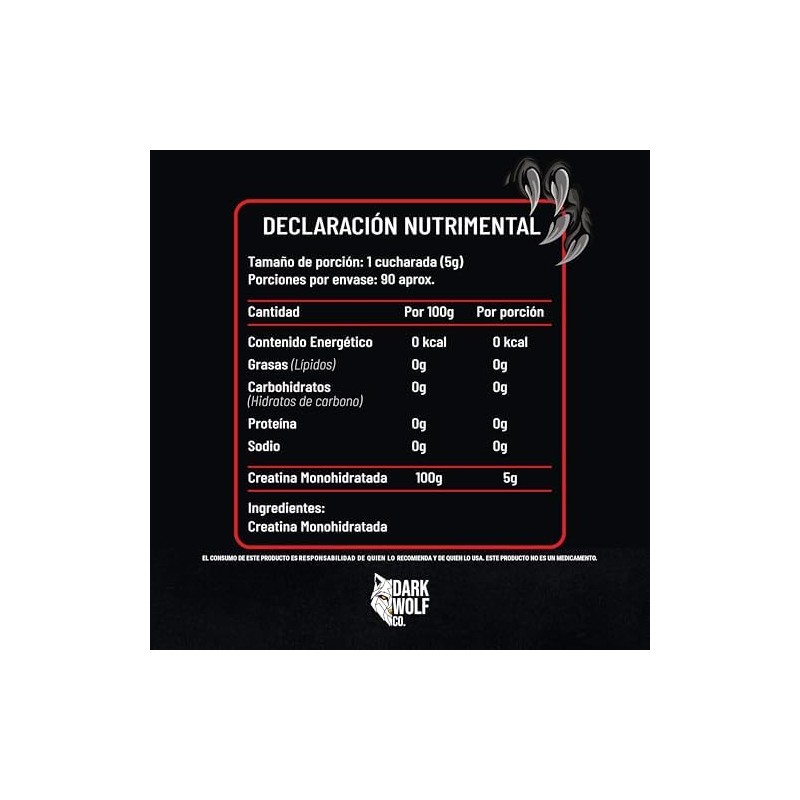 Creatina Monohidratada Dark Wolf, Alta Pureza, 100% Natural, Sin OGM,