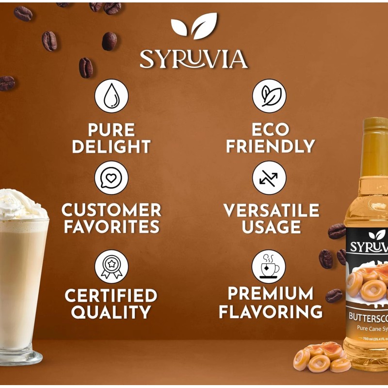 Syruvia Butterscotch Syrup 25.4 fl oz, Kosher, Perfect for Coffee