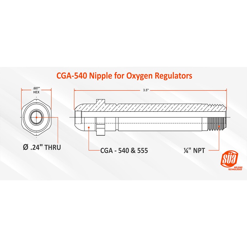 SÜA® - CGA-540 Nipple for Oxygen Regulators - Length: 3-1/2