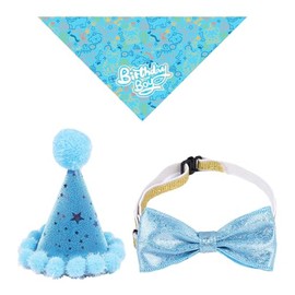 Dog Birthday Bandana Set,3Pcs Birthday Boy Dog Bandana Triangle Scarf Dog Birthday Hat and Bow Tie for Small Medium Dogs Pets Birthday Party Supplies (Blue)