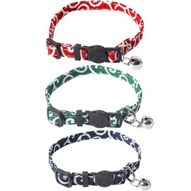 Town Wave Cat Collar, Arabesque Collar, Set of 3 (Green + Red + Navy), Collar, For Cats, Dogs, Cats, Safety Buckle, Cute Collar, Safe, Stylish, Bell Included, Pet Collar