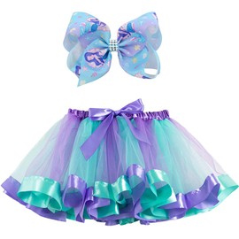 BGFKS Girls Layered Tulle Rainbow Tutu Skirt with 8 Inch Big Hairbow,Tutu Skirt with Lining.(Mermaid,4-8X)