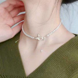 Pearl Necklaces for Women Layered Butterfly Heart Choker Necklace Multilayer Cream White Faux Pearl Strand Necklace Costume Jewelry Gifts