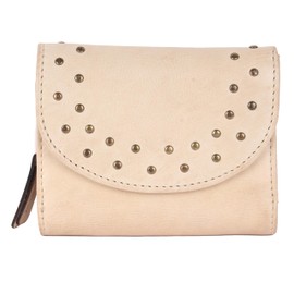 VILENCA HOLLAND Genuine Italian Leather Boho Studded Trifold Double Flap Closure Wallet – Zipper Coin Purse & Credit Card Holder for Women, Beige, Sleek and Minimalist