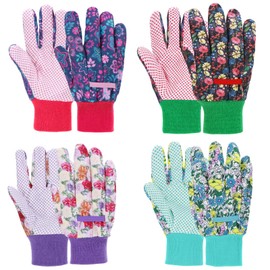 JUMPHIGH Gardening Gloves for Women, 4 Pairs Floral Garden Gloves with Non-Slip PVC Dots, Ladies Soft Breathable Yard Work Gloves Light Working Gloves, Elastic Knit Wrist, Medium