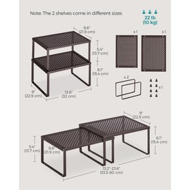 SONGMICS Spice Racks, Set of 2 Metal Cabinet Shelf Organizers, Countertop Organizers, Shelf Risers, Stackable, Expandable, Brown UKCS01BR